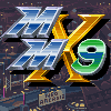 Pixel art icon featuring stylized 'MMX' in blue and silver, a golden 'X', and green-and-blue striped '9' against dark background with faint cityscape elements.