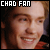 Pixelated close-up of a smiling person with light brown hair, overlaid by bold white text reading CHAD FAN on black background.