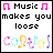 A 3x3 grid of nine identical-sized animated frames showing a static text-based icon with "Music makes you loose" and colorful musical notes below, each frame featuring different colored music note symbols but consistent layout.