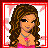 Pixel art contact sheet showing a female character's full body and text states in an animated AIM buddy icon sequence with red borders on white background.
