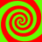 Four red and green spiral patterns arranged in a on a solid background