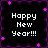 Pixelated graphic with four identical displaying 'Happy New Year!!!' text on a black background, bordered by purple and pink decorative elements