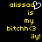 Yellow pixelated text on black background with a white heart icon above the name, displaying 'olissad is my bitchh<3 ily!' on the left and 'olissa is my bitchh<3 ily!' on the right.