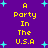 Purple background with yellow text reading "A Party In The U.S.A" and light blue star shapes scattered throughout.