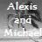 Pixelated grayscale image with white text reading "Alexis and Michael" over a blurred background of indistinct shapes.