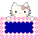 Pixel art of a white cat with pink bow, green accents, and blue rectangular frame bordered by pink hearts on gray background.