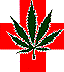 Green cannabis leaf on red cross above black text 'Stop arresting sick people!' with white and red background elements.