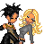 Pixel art contact sheet showing animated frames of dancing characters and text phrases on a black background with white outlines.