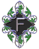 A diamond-shaped icon with a black center displaying a silver 'F' surrounded by green and blue floral patterns on a gray background.