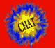 Three variations of a pixelated 'CHAT' text within a colorful, explosive-style burst on solid backgrounds.