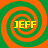 Four identical spiral patterns in green and orange with the text JEFF in yellow at center of each, arranged in a on an orange background