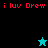 Pixelated icon with red text 'i luv Drew' on black and teal backgrounds, featuring a cyan star above a black star in separate