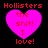 Four identical pixelated pink heart icons with red text reading "Hollisters the shit! I love!" on a black background, arranged in two of two