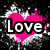 A 2x2 contact sheet of four animated frames showing pink heart shapes with text over a black background with white pixelated splatter effects.