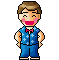 Pixel art character in blue star-patterned pajamas with pink bow tie, showing multiple poses including front-facing smile, side profile, and back view.