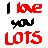 Static pixel art icon displaying the phrase "I love you LOTS" in red and black text on a white background with subtle color-dithering effects.
