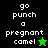 Pixelated text 'go punch a pregnant camel' appears in white on black and green backgrounds with star symbols, displayed across four quadrants.
