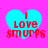 Four identical cyan hearts on a bright pink background display red text reading 'I Love Smurfs' with pixelated edges.