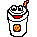 Pixelated cartoon character with wide eyes and red mouth, holding a striped straw in one hand and a yellow square symbol on its body.