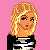 Pixelated character with blonde hair in black-and-white striped top and red skirt, pink background with red text phrases.