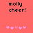 Pixelated text 'molly cheer!' in black on coral background with pink heart symbols below, two identical frames showing animation change.