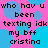 Pixelated text on a pink background with blue circles, repeating phrases about texting a friend named Cristina.
