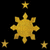 Golden star-shaped icon with three smaller stars surrounding a central eight-pointed sunburst on black background.