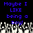 Blue pixelated text on black background with white and gray pixelated crowd below, repeating 'Maybe I LIKE being a boy!' in two
