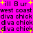 Pixelated text on bright pink background with yellow starbursts, repeating 'ill Bur west coast diva chick' in black block letters across multiple