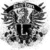 Black-and-white animated icon with a central figure holding a sword, surrounded by winged creatures and text elements.