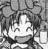 A grayscale pixelated image of a character with light-colored hair and a white garment, set against a dark background with abstract shapes.
