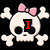 Pixelated skull with pink bow and crossbones on black background, displaying red text 'I am not cute!'