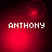 Pixelated red background with white text 'ANTHONY' and shifting circular light effects in four quadrants.