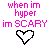 three and three displays pixelated heart shapes with varying outlines, each labeled above by pink text reading 'when im hyper' followed by 'im SCARY'