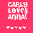 Pixelated text 'CARLY LOVES ANNA!' on bright pink background with five white and pink heart symbols below.