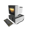 Animated sequence of a retro computer setup with monitor displaying sunset, keyboard and mouse changing positions across frames.