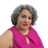 Pixelated image of a person with short gray hair wearing a sleeveless pink top with a dark stripe, red lipstick, and a neutral expression against a white background.