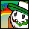 Pixelated cartoon character with green hair and mustache holding a rainbow-colored object against a gradient background.