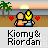 Pixel art beach scene with two figures embracing, palm trees, sunset, and red hearts, with text "Kiomy & Riordan" below.