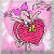 Pixelated cartoon character with pink bow and heart-shaped body holding a green object, set against pink background.