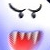 Pixelated face with curved black horns, wide open mouth showing red interior and teeth, blue gradient background.