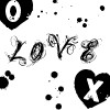 Black and white pixelated icon featuring stylized 'LOVE' text, two heart shapes with symbols, and scattered dots on a white background.