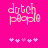 Pixelated text 'dutch people' in light pink on bright pink background with five small heart symbols below.