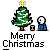 Pixel art of a green Christmas tree with yellow star, blue figure holding small object, and 'Merry Christmas' text below on gray background.