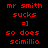 Red pixelated text on black and blue backgrounds reads "mr smith sucks =] so does scimillio" in four distinct