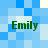 Four identical green 'Emily' text labels arranged in a on a blue and white pixelated background