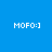 Two identical pixelated white text strings on a solid blue background, each reading 'MOFO:]', positioned side-by-side horizontally.