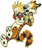 Pixelated cartoon character with spiky yellow hair, green and brown body, orange limbs, white chest marking, black eyes, and a curled tail on white background.