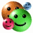 A 48x48 pixel buddy icon featuring three overlapping smiley faces in brown, green, and pink with black eyes and smiles on a white background, alongside a separate dark green panel with bright green text reading "Original Icons .com".