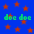 Blue background with scattered orange stars and green text reading "doe doe" repeated four times.
